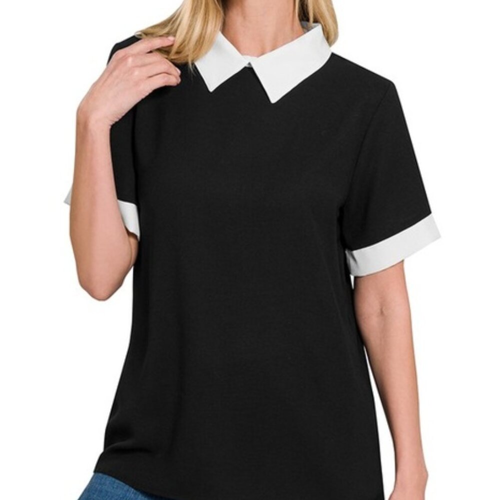 WOVEN COLORBLOCK CONTRAST COLLAR BLOUSE